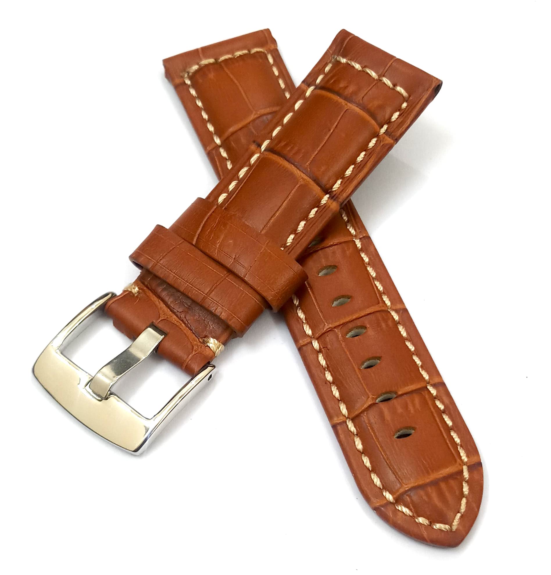 24mm Genuine Leather Light Brown With White Stich Watch Band Strap for Men and Women | Comfortable and Durable Material | Silver Buckle