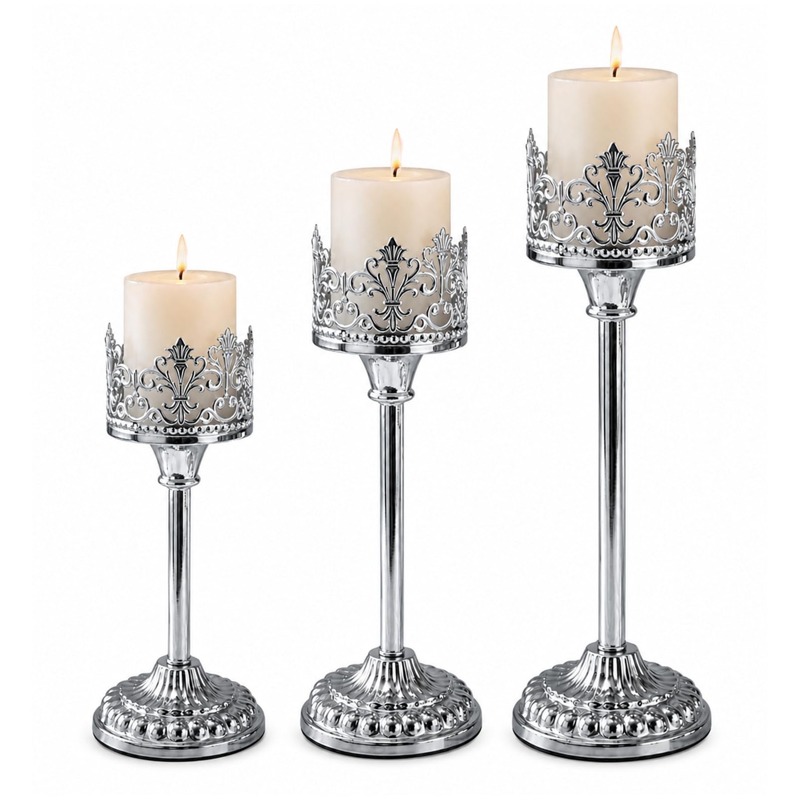3Pcs Pillar Candle Holders Hurricane Candle Holder, Vintage Hollow Carved Tall Candlestick Stands Silver Candle Holders fo for Christmas, Wedding, Home decor, Table Mantle Fireplace Decoration