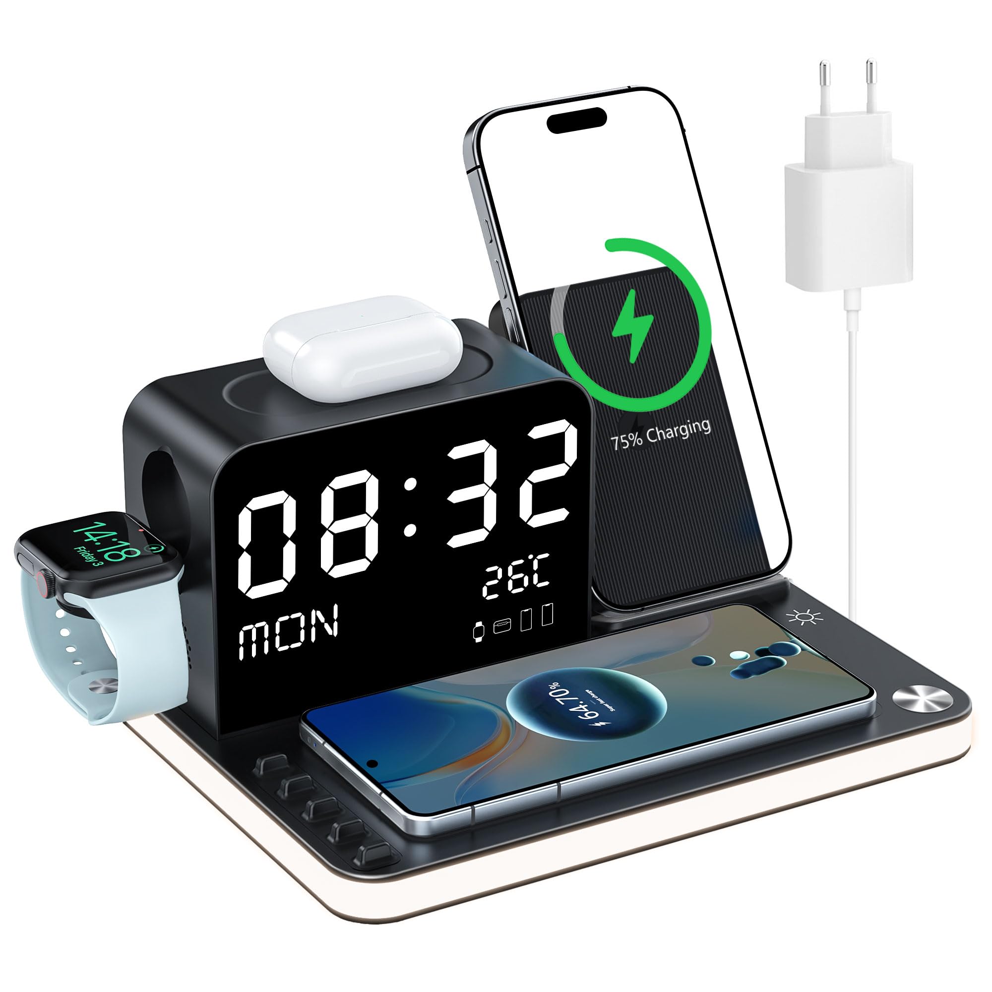 Cargador inalámbrico 7 en 1 con reloj, temperatura y fecha, compatible con iPhone 17/16/15/14/13 Pro Max, AirPods, Apple Watch, compatible con Samsung S25/S24, luz nocturna ajustable, adaptador de 33W