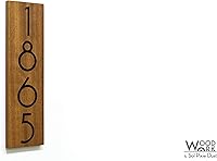 Vista 2 de Modern Hotel - Apartment Door Sign Vertical - Solid Wood African Teak Iroko with Laser Engraving - Wall mounted Room Number - Art Deco Font