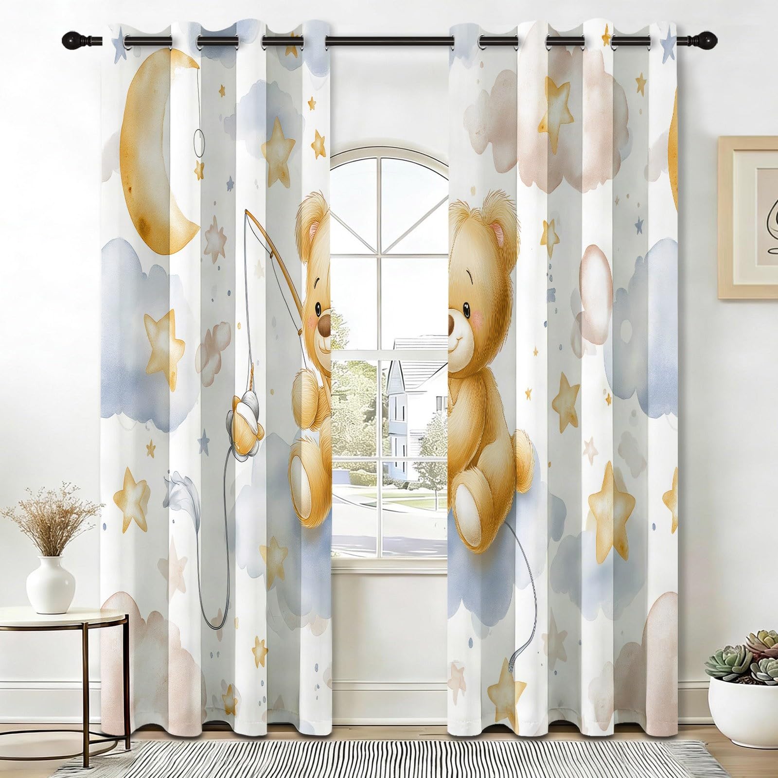 Cortinas opacas con ojales, dibujadas a mano, diseño de dibujos animados, juego de 2, altura 175 x ancho 140 cm, oso de peluche, nubes y estrellas, cortinas con ojales para salón y dormitorio