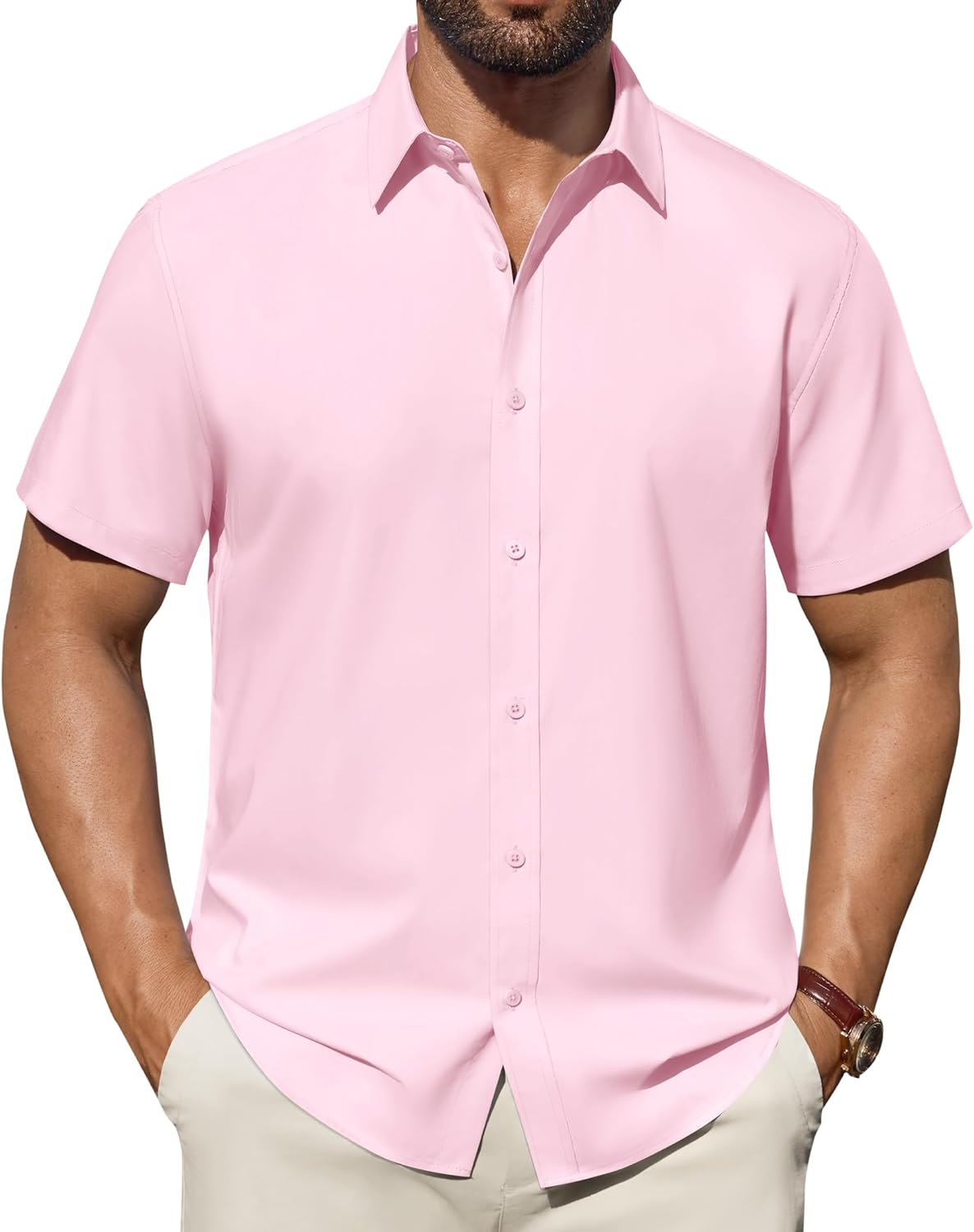 DEMEANOR Mens Dress Shirts Short Sleeve Stain Shield Stretch Solid Button Down Shirt Formal Business Work Button Up Shirt