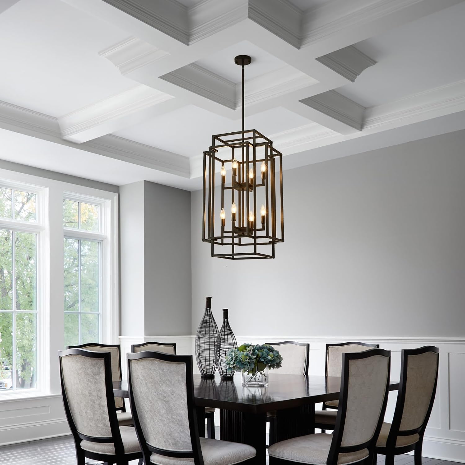 32''H 8-Lights Black Lantern Tiered Pendant Light Fixtures, Entryway Chandelier for Foyer, Farmhouse Hanging Chandelier for Kitchen Island, Dining Room, Porch