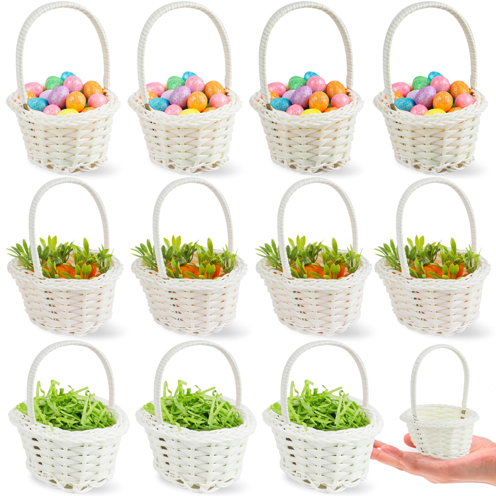 FOIMAS 12pcs Mini Easter Baskets with Handles 100pcs Colorful Easter Eggs and 12pcs Artificial Carrots Shred Grass for Easter Party Favor Decoration Craft Supply