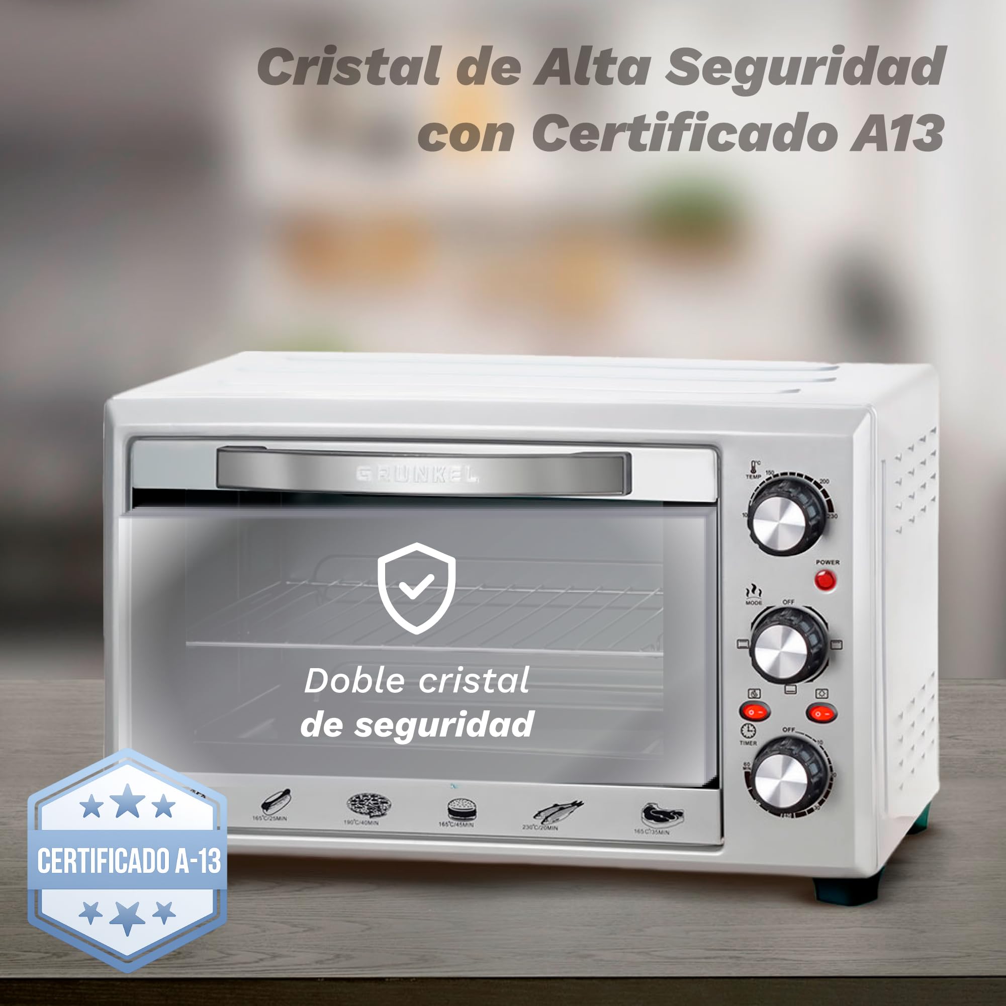 Grunkel Horno eléctrico multifunción de sobremesa de 28L con 3 funciones de calor y selector de temperatura hasta 230ºC. Temporizador hasta 60 min - 1600W