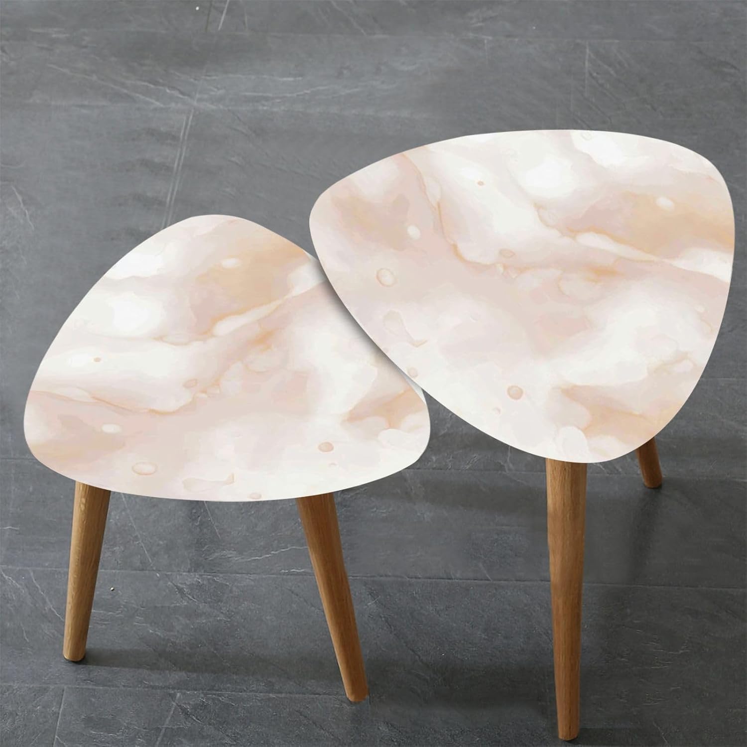 Triangle Nesting Coffee Table Set of 2 Light Marble Texture Beige Water Color Background Beige Rock Slate Modern Minimalist Side Table Small End Table Leisure Tea Table Living Room Bedroom Office