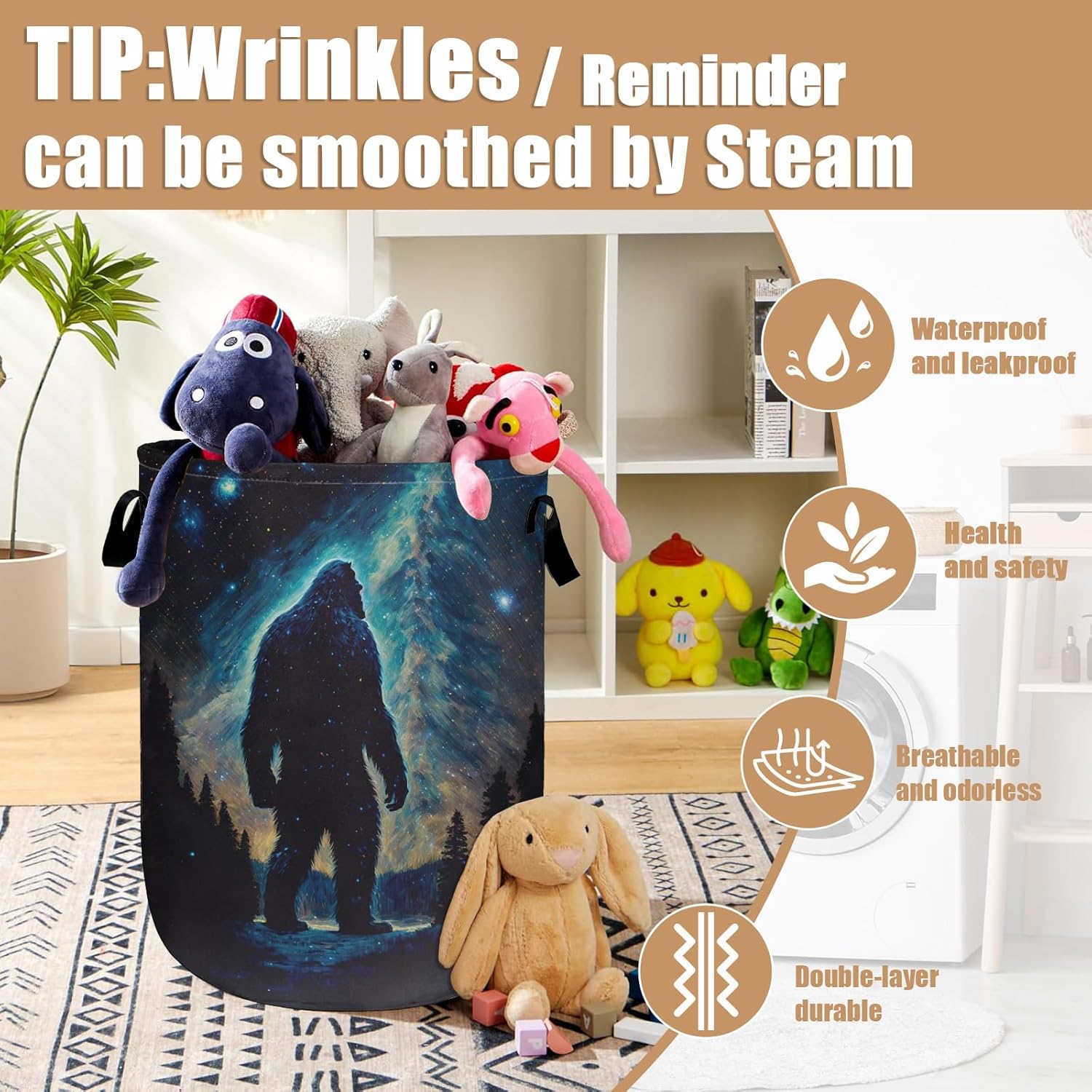 Bigfoot Mountains Laundry Basket, Foldable Waterproof Laundry Hamper Tote Bag Dirty Clothes Storage Bucket Toy Organizer for Bathroom/Laundry/Bedroom 15.7"x19.6"