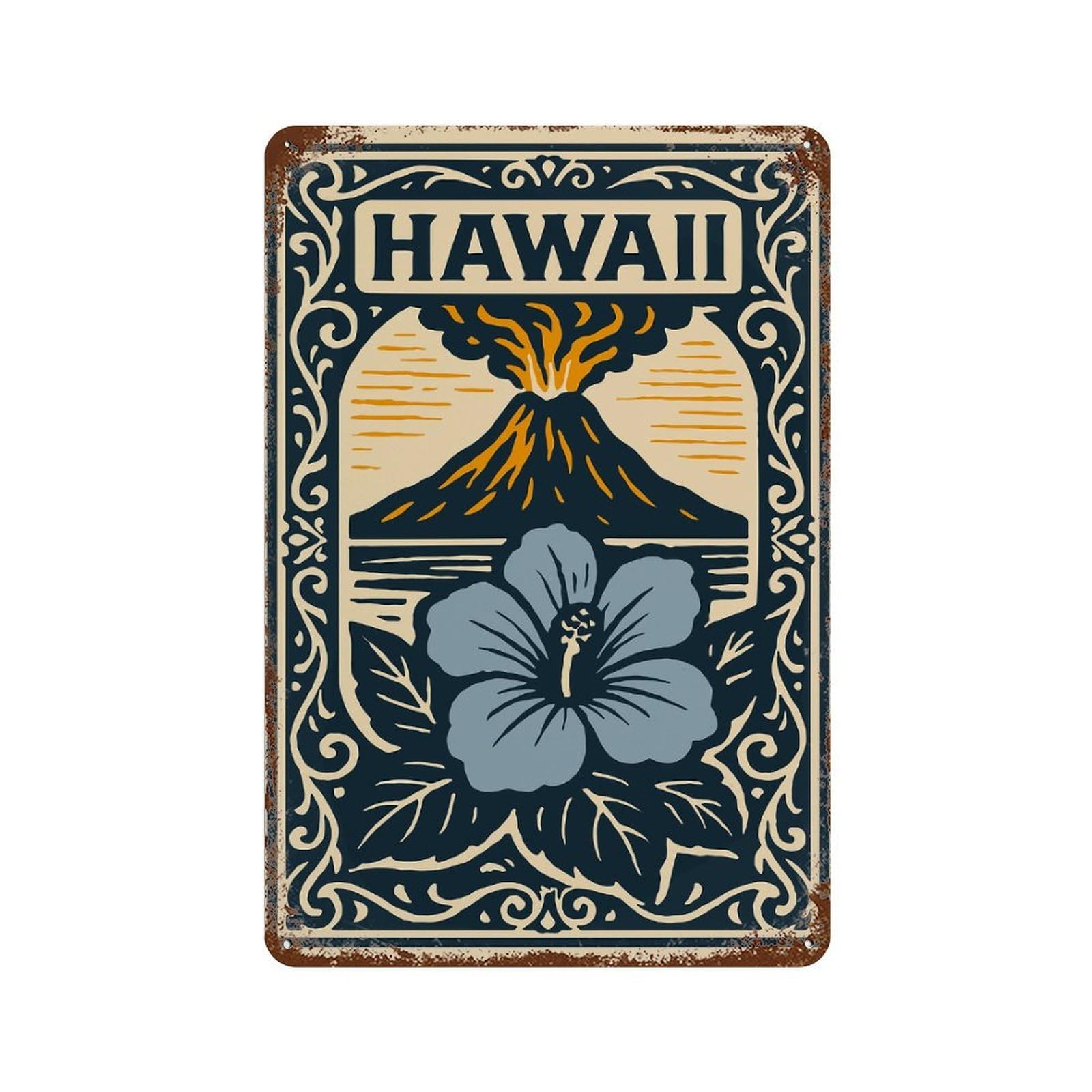 Vintage Rust Metal Sign with Hawaii Volcano And Hibiscus Illustration Design 11.8"x7.9", for Shed, Workshop And Garage Wall Decor, Retro Wall Decor