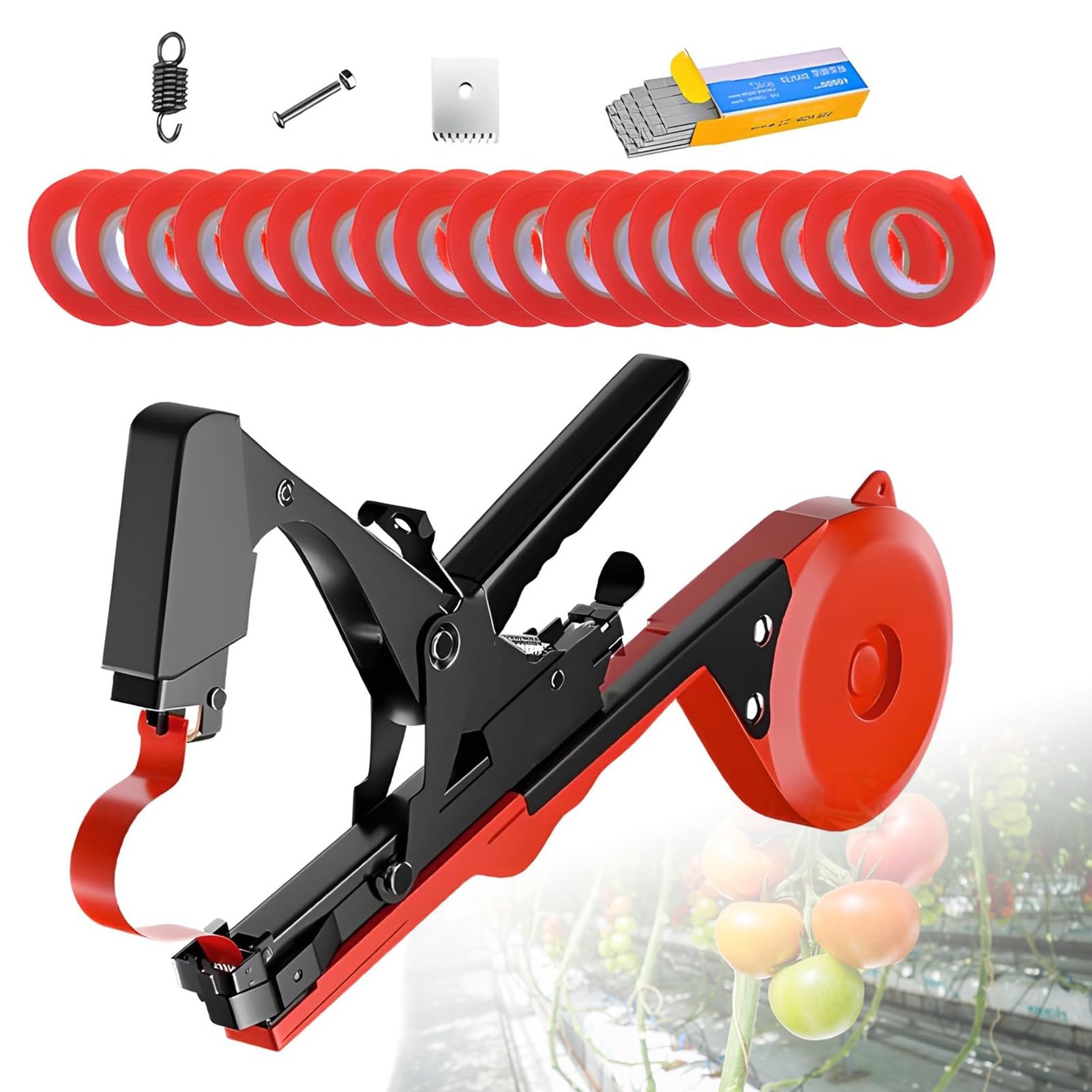 Machine de nouage de jardin, outil conique de vignoble avec 20 rouleaux de ruban adhésif, boîte d'agrafes, lame de rechange, largeur réglable, rebond automatique pour raisins et tomates