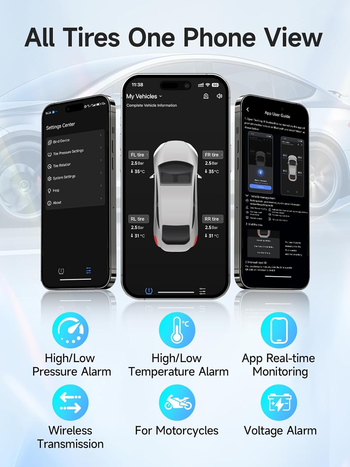 Moman RV Tire Pressure Monitoring System, New Car TPMS Sensors Set of 4, Tire Pressure and Temperature Alarm, Wireless Tire Pressure Sensor, Support iOS & Android