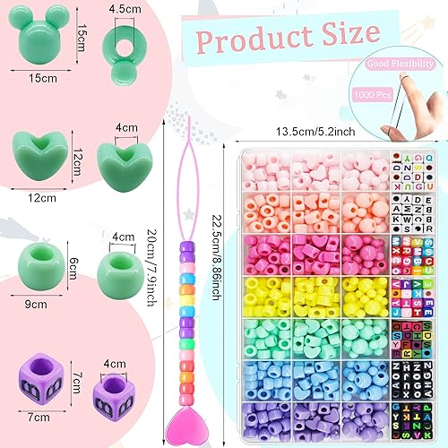 Miniatura 4 de Juego de 1605 cuentas de pelo para trenzas para niñas con banda elástica de goma, color caramelo, acrílico, Mickey, corazón, estrella, alfabeto,