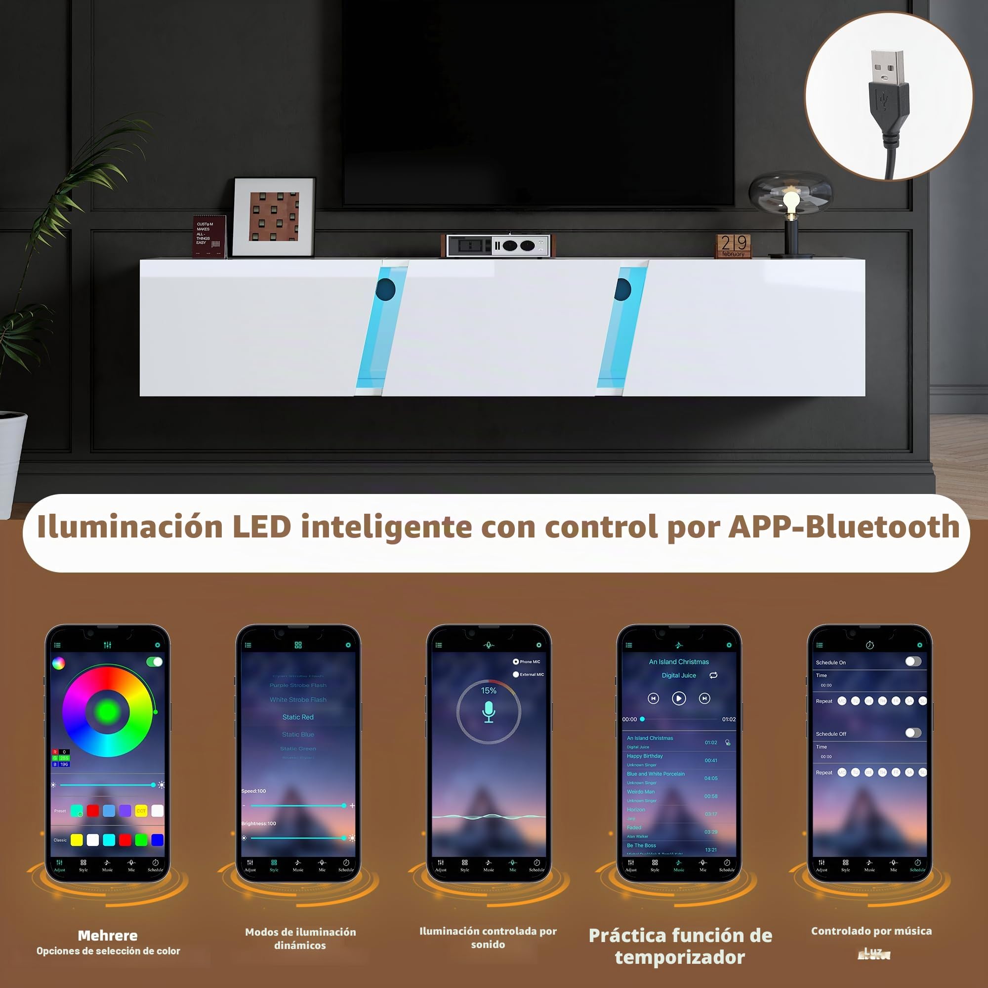 Merax Mueble bajo para TV, color blanco brillante con iluminación LED, mueble de TV con puerta plegable, soporte para TV de 75 pulgadas, estante de TV montado en la pared, 180 cm, para salón