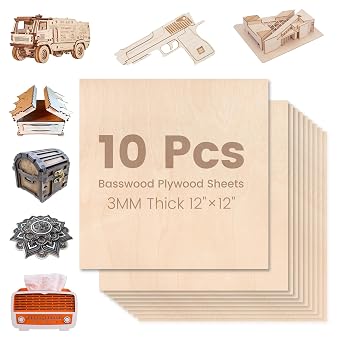 Algolaser Basswood Plywood Sheets - 3MM Thick 12"x12" Unfinished Plywood Board - Laser Engraving/Cutting Blanks & Carving for DIY Crafts, Painting, Model Making & Carving Projects 10 Pcs