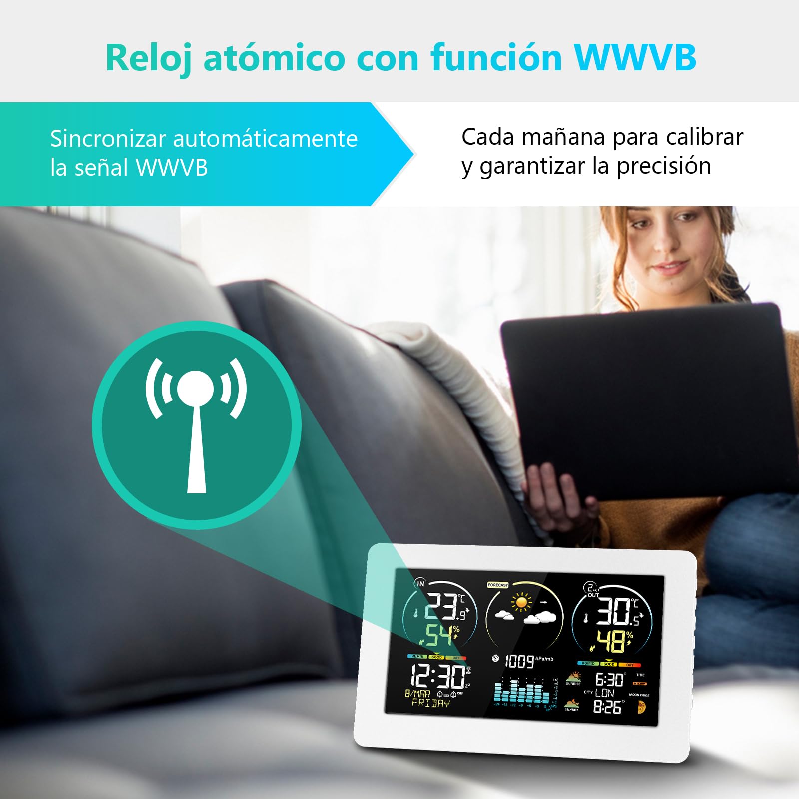 Estación meteorológica inalámbrica con sensor exterior, pantalla digital a color, reloj controlado por radio DCF, termómetro, higrómetro, estación meteorológica inalámbrica con previsión meteorológica — view 3