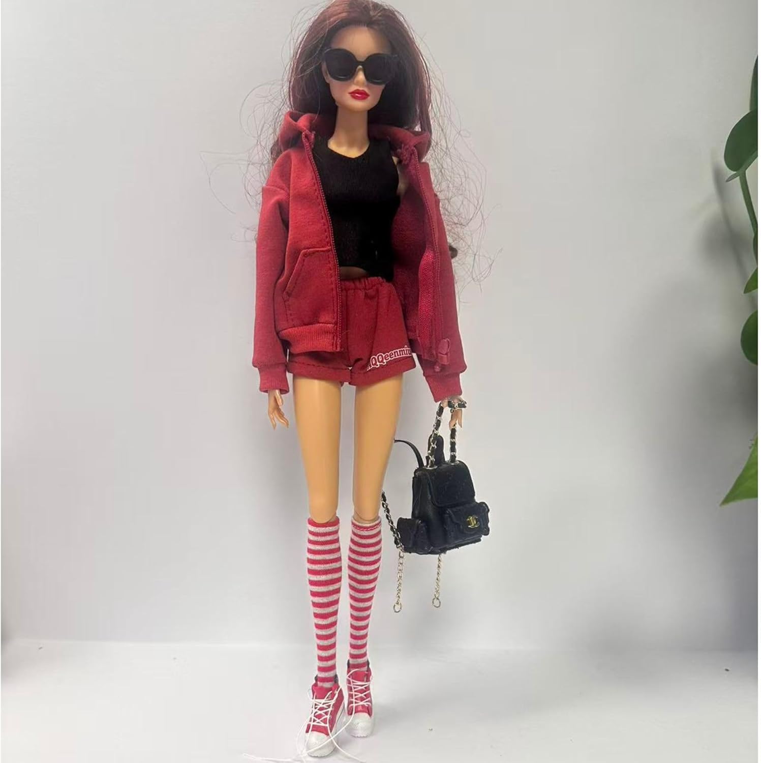Fashion Doll Outfit Set, Burgundy Hoodie with Shorts, Striped Socks and Sneakers, Handmade Designer Clothes for 11.5-12 Inch 1/6 Scale Female Dolls
