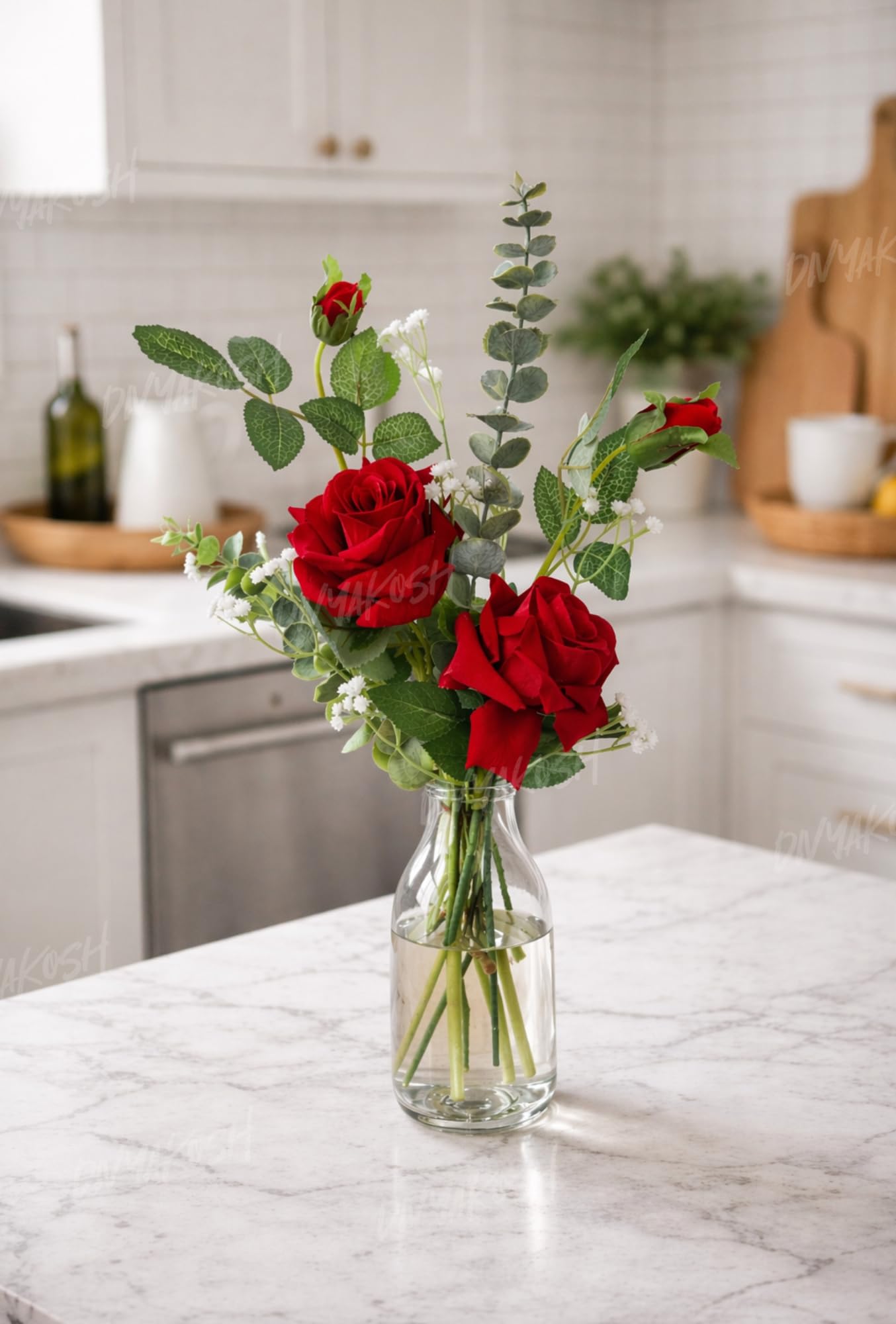 Divyakosh Artificial Flowers for Home Decoration, Flora for Decor | Artificial Red Rose Flowers Bunch for Vase, Decorative Floral Arrangement- Eucalyptus & Gypsy | Home, Living Room & Festive Decor |