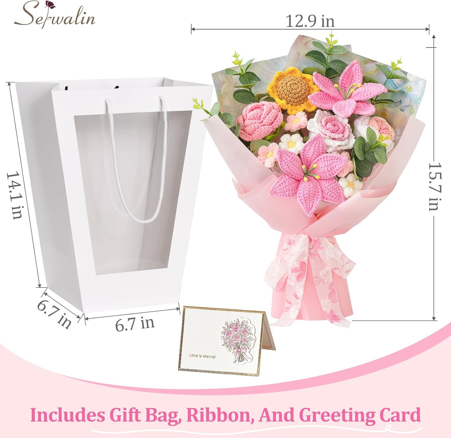 Serwalin Crochet Flower Bouquet, Pink Handmade Knitted Flowers, Lily Sunflower Roses Crochet Flowers for Lover Teacher Anniversary Birthday Mother's Day Graduation Gifts for Girlfriend (Include Card) - Image 6