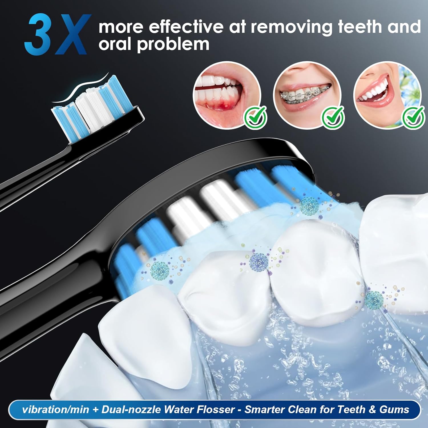 Toothbrush w Water Flosser Combo for Adults, 4-in-1 Rechargeable Toothbrushes Teeth Cleaner, 7 Modes Toothbrush & Water Flosser Portable IPX7 Waterproof Tooth flossing Cleaning for Home Travel
