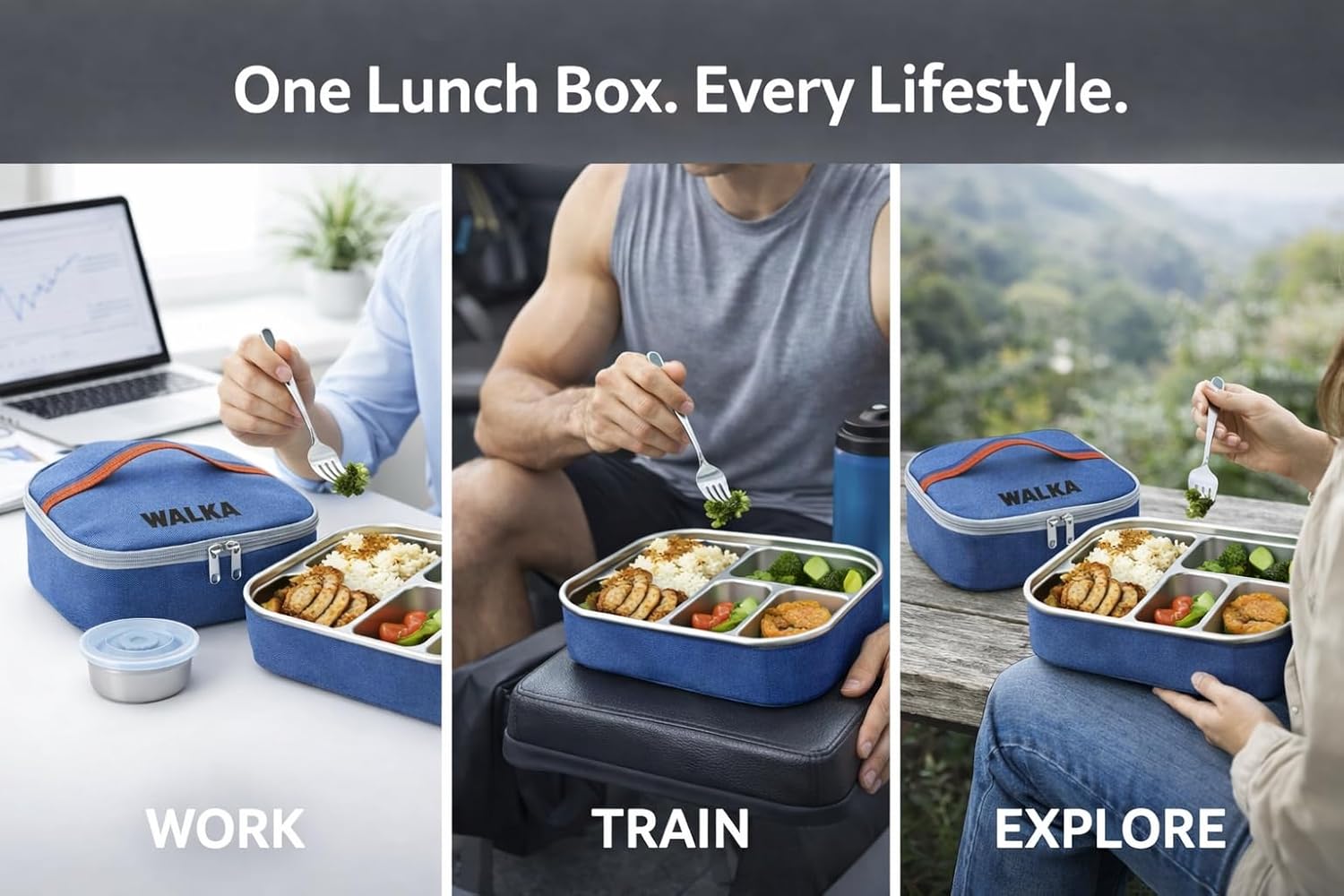 WALKA Stainless Steel Lunch Box for Adults – Leakproof 4 Compartment Metal Bento Box with Insulated Lunch Bag, 304 Food Grade Steel, BPA-Free, Dishwasher Safe (Blue)