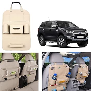 Oshotto Car Backseat Storage Organizer Phone Holder,Multi-Pocket for Bottles, Tissue Boxes,Kids Toy Storage and Great Travel Accessory Compatible with Ford Endeavour (Beige)