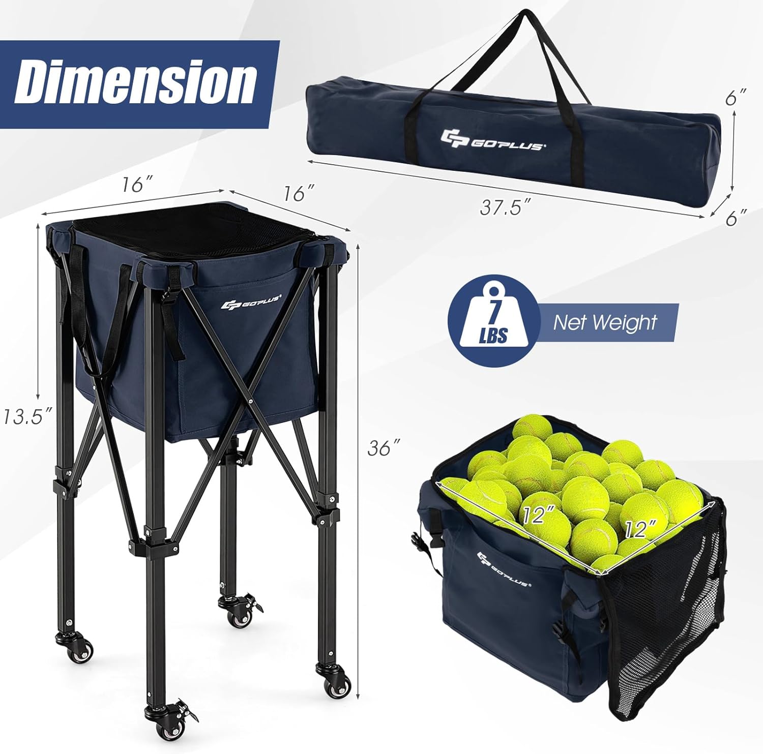 Goplus Foldable Tennis Ball Hopper, Lightweight Aluminum Tennis Ball Basket with Wheels, Removable Bag, Side Pockets, Carry Bag, Portable Sports Teaching Cart Holds 150 Tennis Balls
