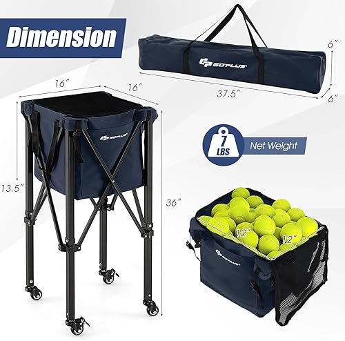 Miniatura 7 de Goplus Tolva plegable para pelotas de tenis, cesta de aluminio ligera con ruedas, bolsa extraíble, bolsillos laterales, bolsa de transporte, carrito