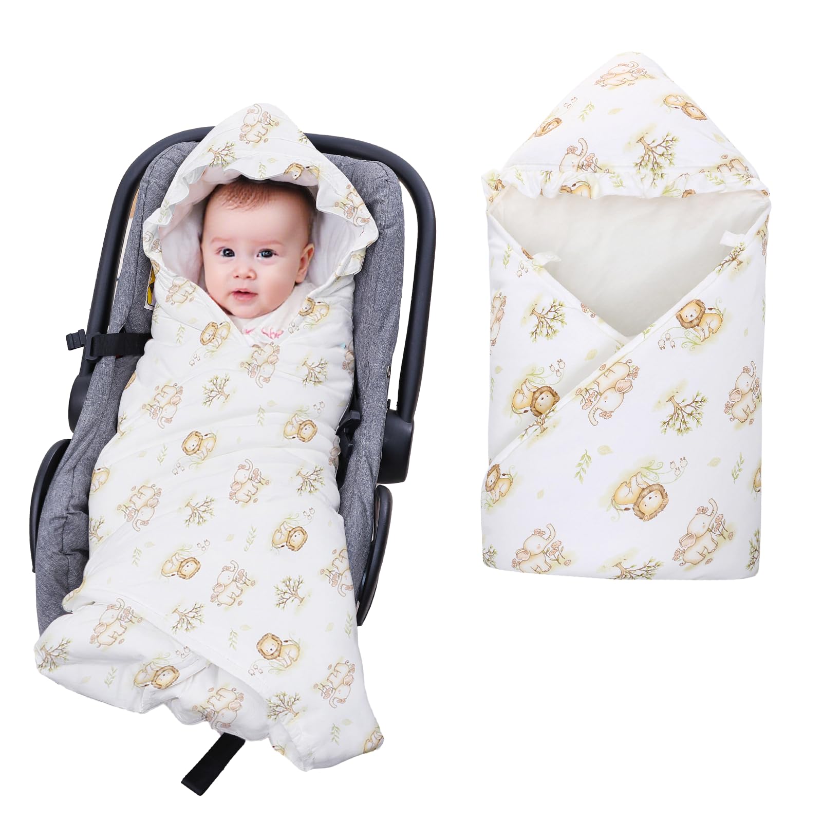 LAT Baby Car Seat Blanket for newborn,90x90cm Universal Baby Wrap Blanket with Ruffle Hood,Winter Thickening Double Sided Cotton,Blankets Cosy Toes for Pushchair Pram Buggy(Lion Elephant)