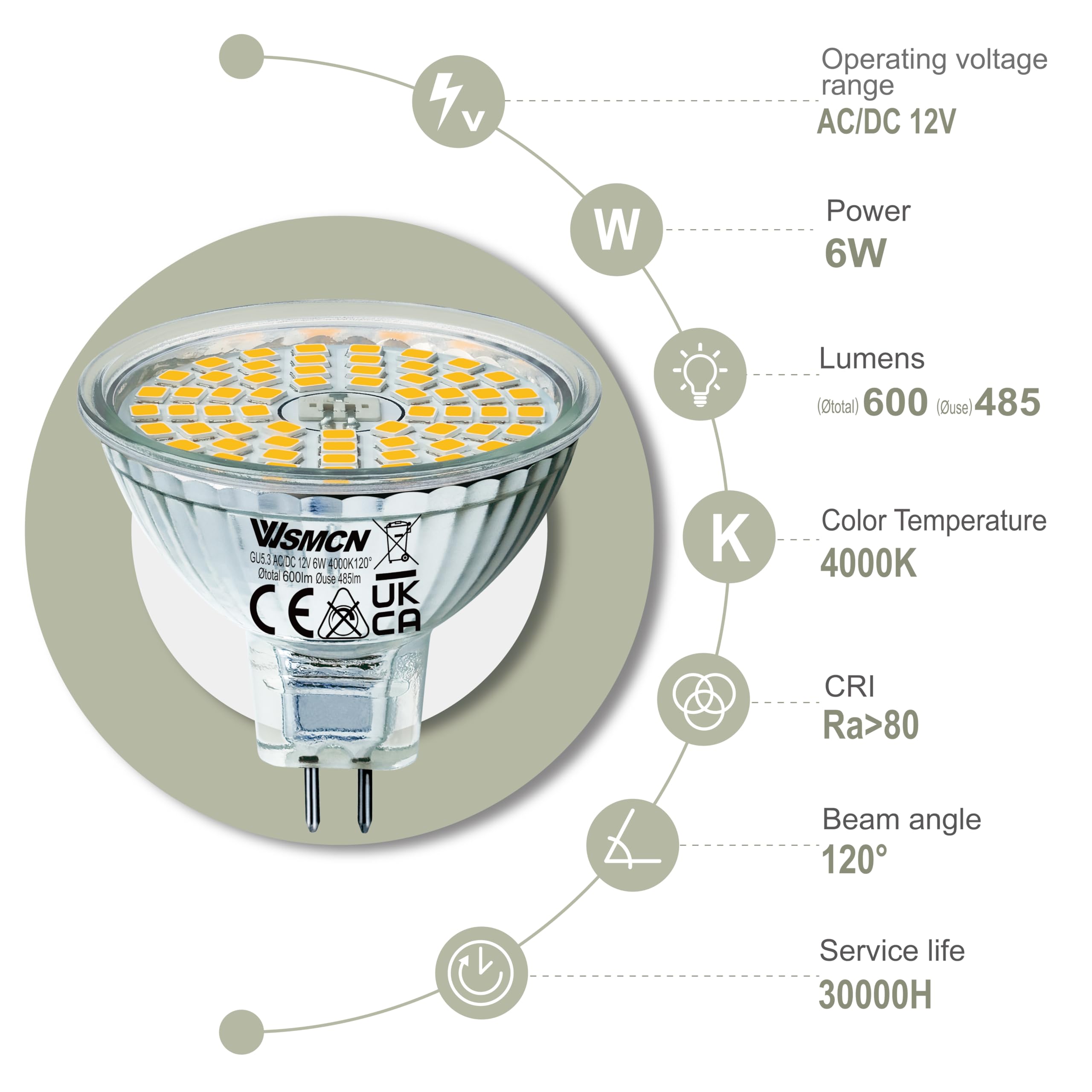 WSMCN MR16 GU5.3 LED Light Bulb 6W, Neutral White 4000K, 50W Halogen Spotlight Equivalent, Bi-Pin Base 12V 485LM - Image 2