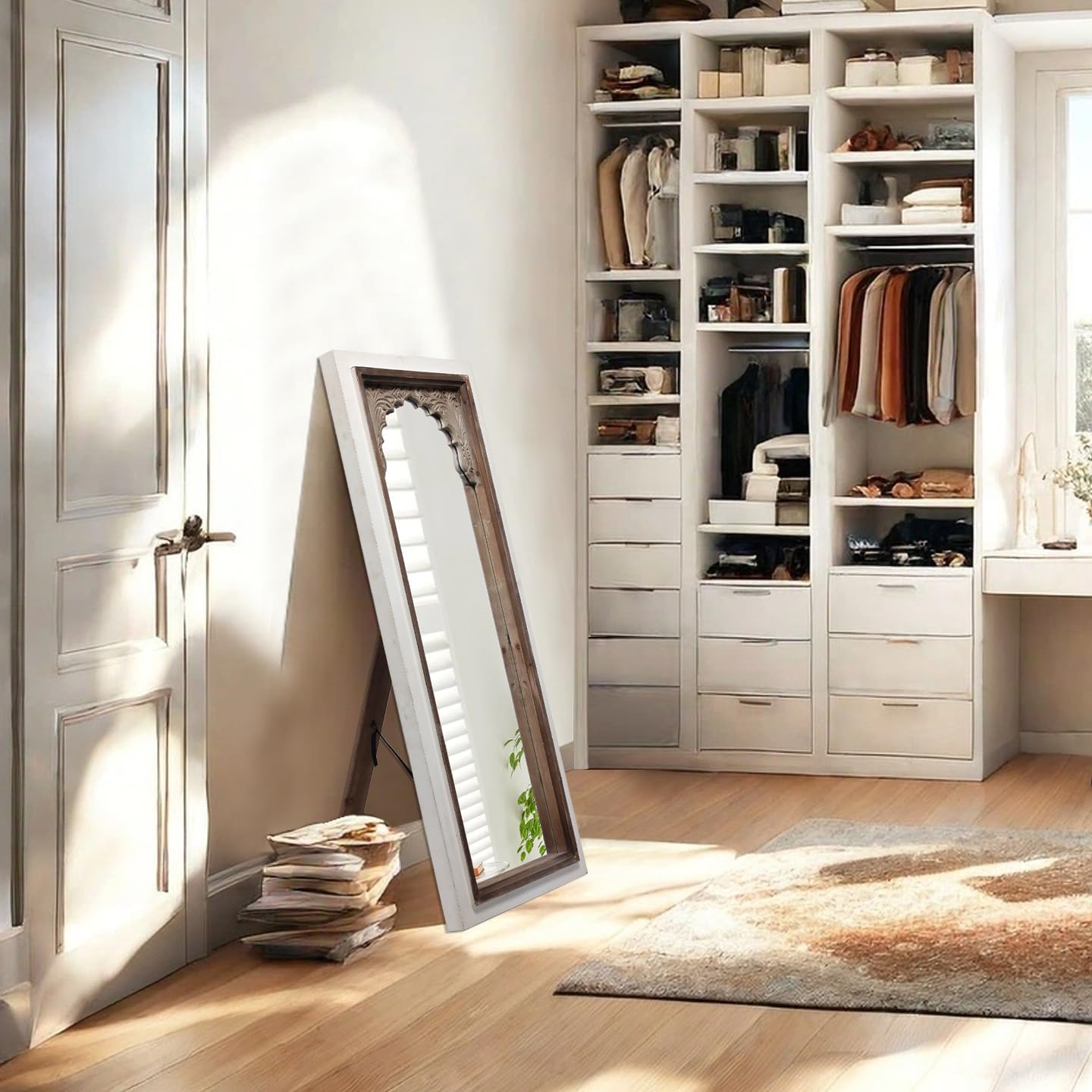 Vintage Small Full Length Mirror with Stand 42 inch, Handmade Distressed Finish White Leaning Rustic Wood Floor Mirror, Ornate Carved Arched Full Length Mirrors for Bedroom Dressing Room