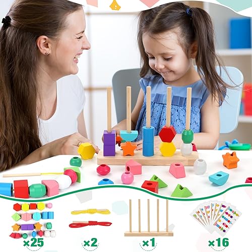 Miniatura 5 de Juguetes Montessori de madera para niños pequeños, juguetes educativos de aprendizaje, bloques apilables y cuentas de cordones y apilador de formas