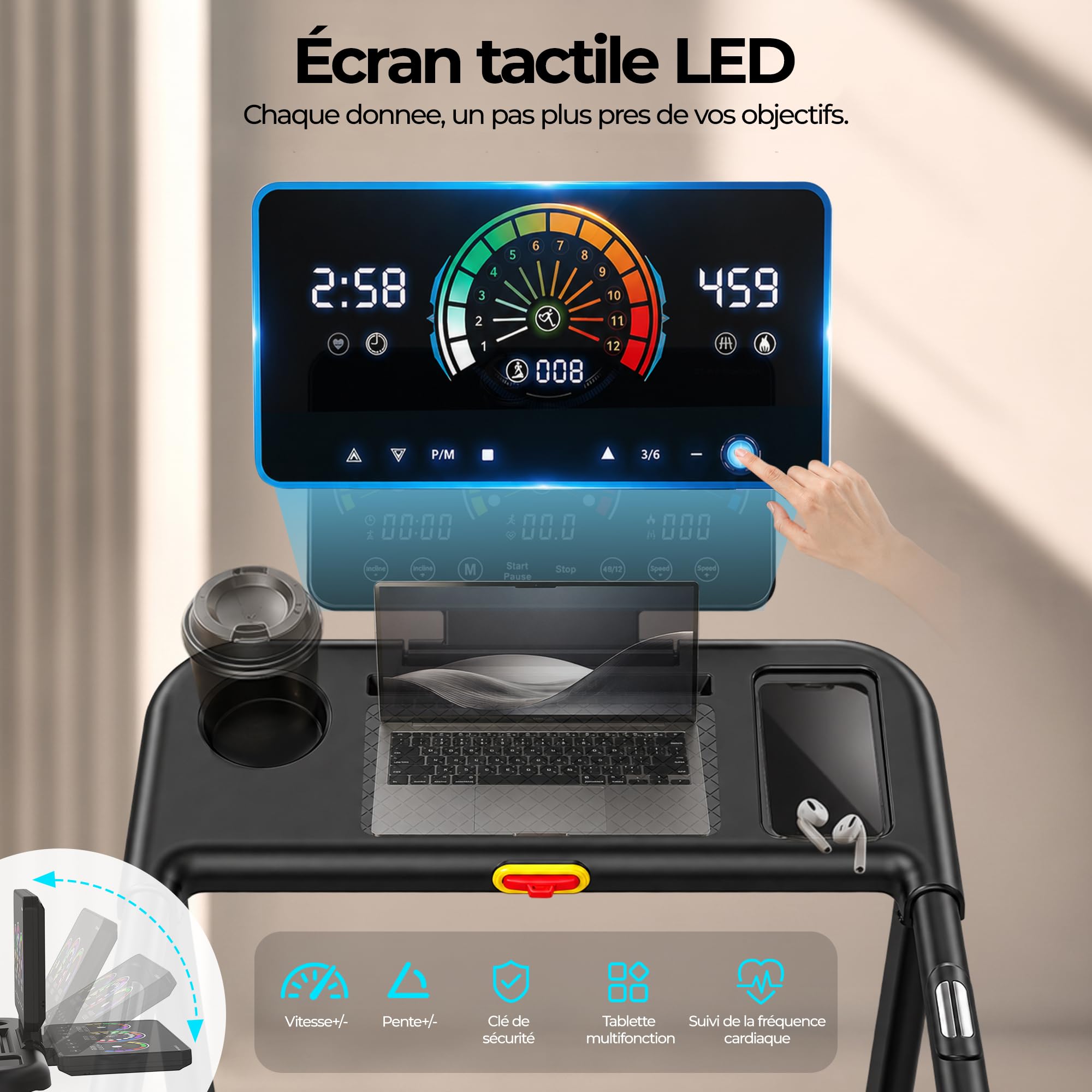 Tapis Roulant Pieghevole con Inclinazione Automatica 15%,12km/h