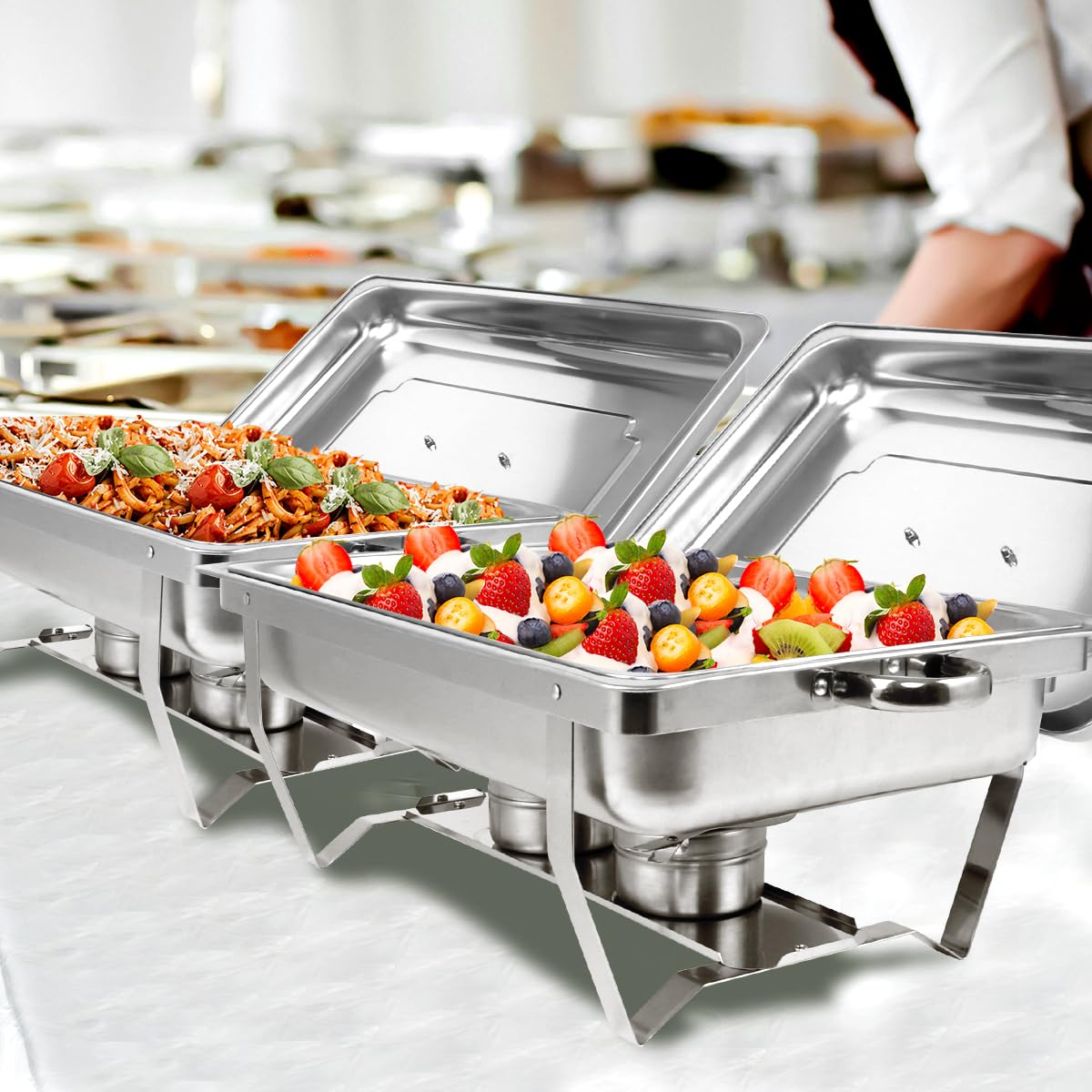 Scaldavivande per Buffet in Acciaio Inox, 9L Chafing Dish Catering Buffet Set con Pinze e Cucchiai per Party, Feste, Matrimoni, Banchetti (4 pezzi, 4 x GN 1/1)