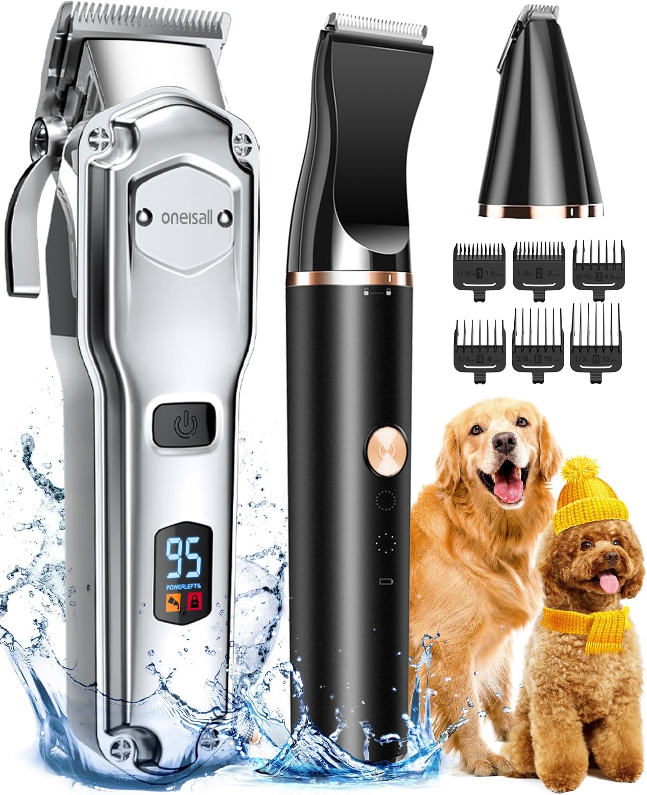 Oneisall 3-in-1 Dog Clipper and Paw Trimmer Set, IPX7 Waterproof Hair Trimmer for Dogs and Cats With Thick Fur