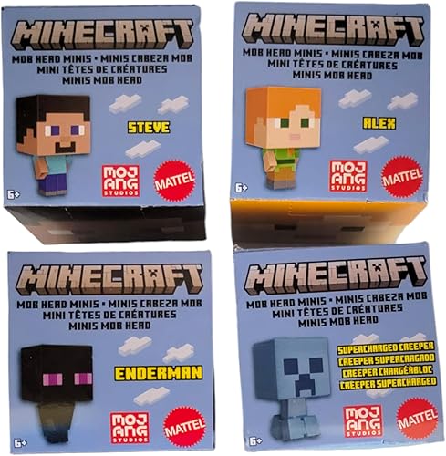 Miniatura 3 de Mattel Minecraft Mob Head Minis 2022 - Juego de 4 figuras micro de HHP58-956B con Alex, Steve, Enderman y Supercharged Creeper