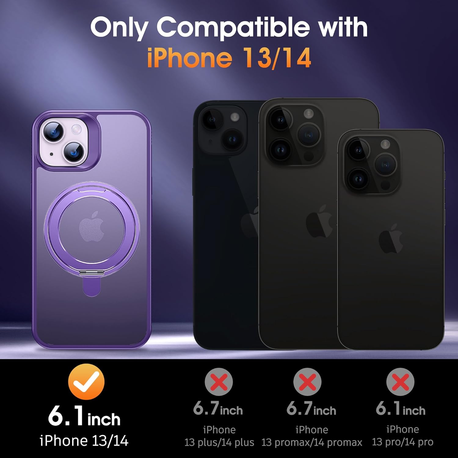 Supdeal Magnetic Stand Case for iPhone 13/iPhone 14, [360° Rotatable Ring Kickstand Holder] [Compatible with MagSafe], Matte Translucent Non Slip Silicone Military-Grade Phone Cover, 6.1", Purple