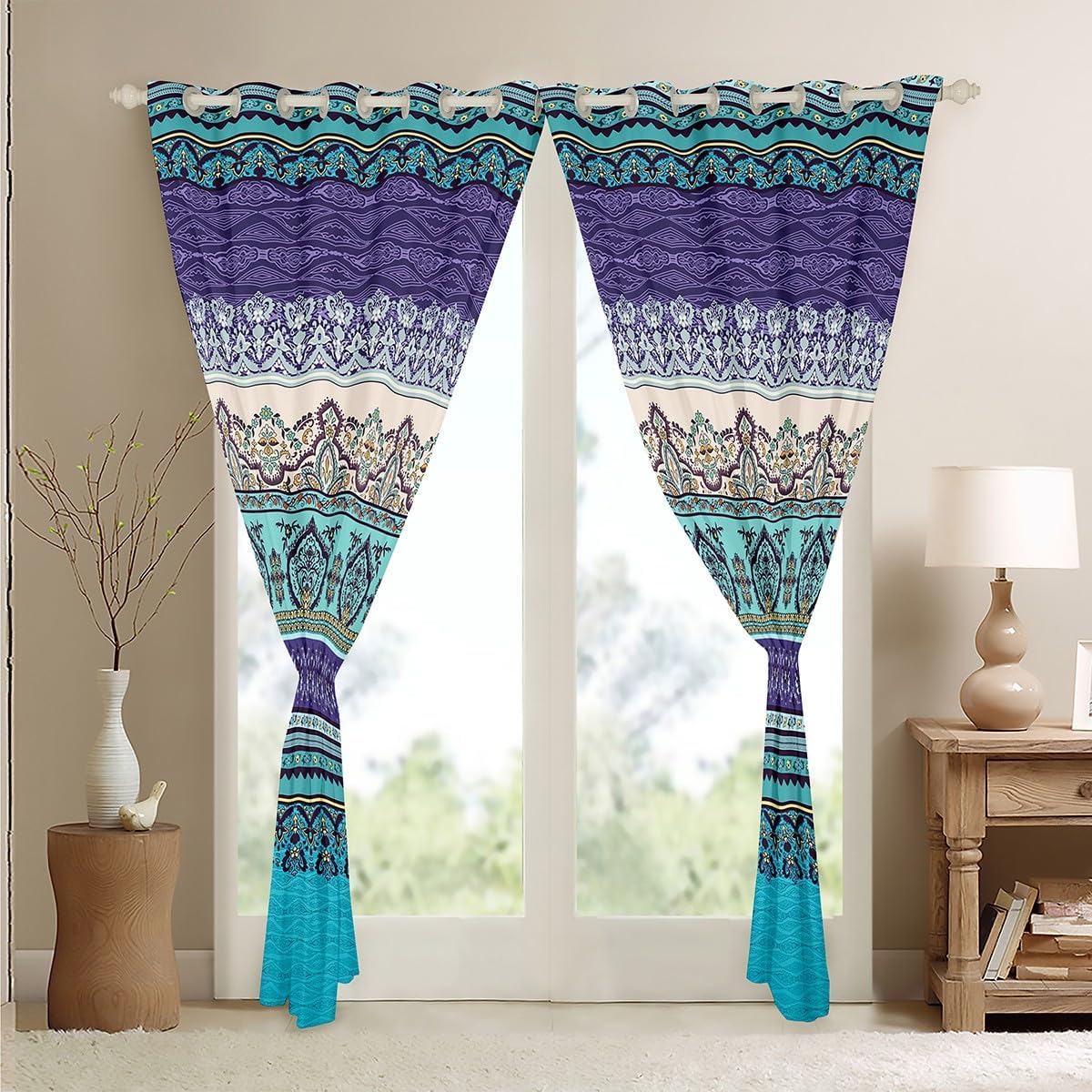 Boho Thermal Insulate Curtain Bohemian Striped Curtains for Bedroom Living Room Girls Aqua Purple Paisley Floral Decor Darkening Drapes Folkloric Exotic Window Treatments (2 Panels, 52 x 63 Inch)