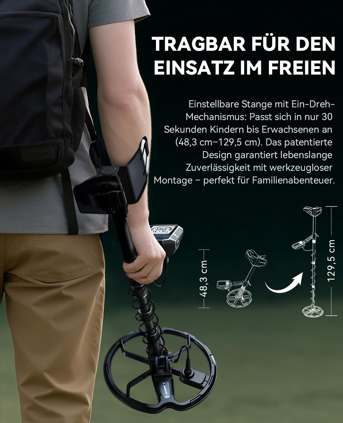 SUNPOW Wiederaufladbarer Metalldetektor für Erwachsene – 11" Dual-D-Spule, 35h Lithium-Akku, 10 Empfindlichkeitsstufen, 4 Suchmodi, 7-Metall-ID, IP68 Wasserdicht, mit Schaufel, Rucksack & Kopfhörer