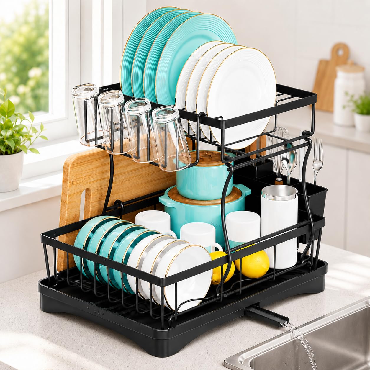 Vosyinm 2 Tier Dish Drainer Rack, 360° Drainage, Drip Tray, Black
