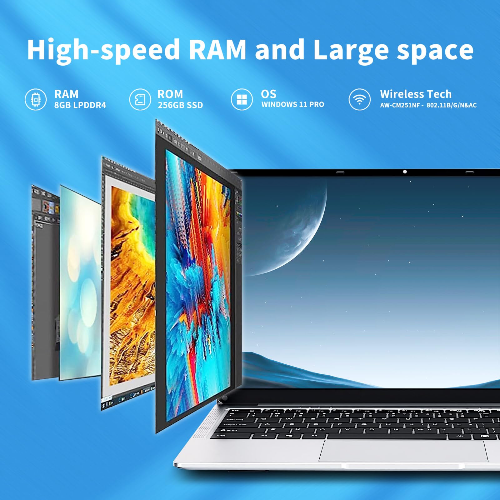 DARYUKUM PC Portatile da 14 pollici, Notebook con processore Win11 Pro Celeron J4125, Laptop 8 GB LPDDR4 256 GB SSD ROM Mini HDMI USB 3.0 2.0 WiFi Bluetooth 5.0 Argento PC sottile e leggero