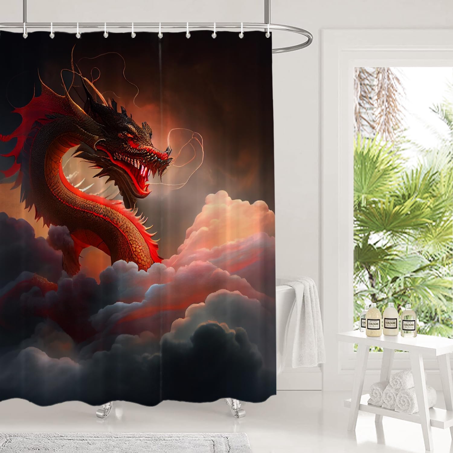 Shrahala China Animal Dragon Decorative Shower Curtain, Soaring Clouds Fog Shocking School Bathroom Décor Polyester Fiber Waterproof with Plastic Rings for Shower Stall Bathtubs 72 x 72 in