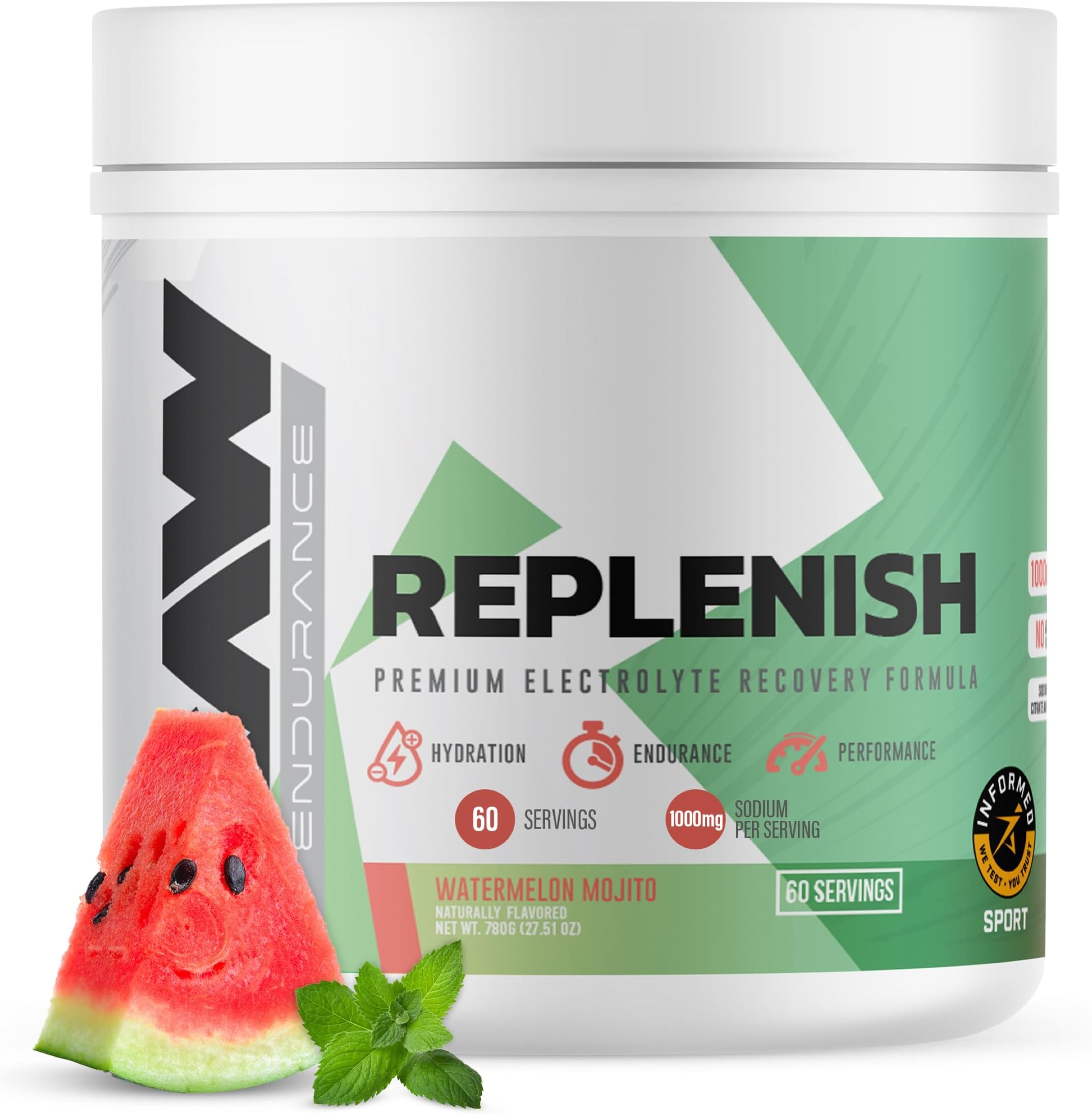 Replenish, Premium Electrolytes Powder Recovery Formula, Watermelon Mojito (60 Servings) - Flavored Electrolyte Drink Mix Supplement for Hydration, Replenishment, Endurance & Performance Workouts