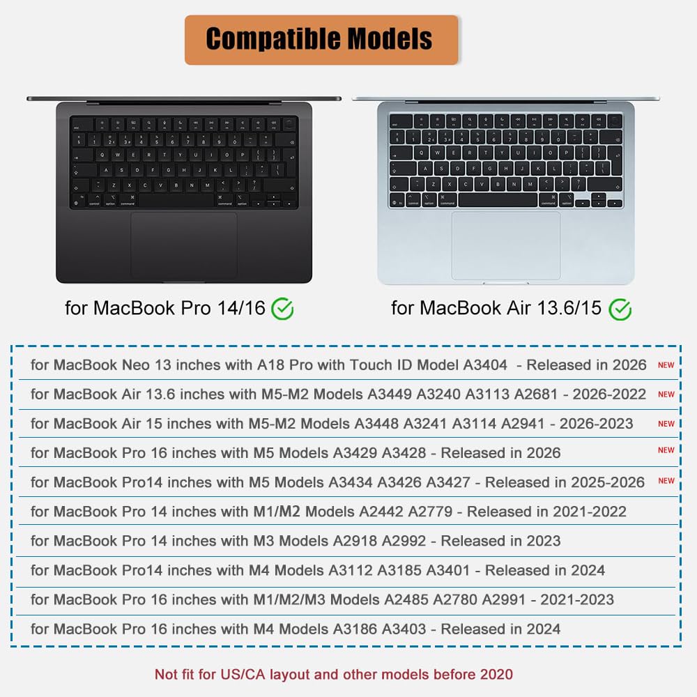Cover per tastiera per MacBook Pro 14/16 pollici (M5-M1) Air 13,6/15 pollici (M5-M2) & Neo 13 pollici (A18) A3404 A3426 A3449 A3429 A3434 A3240 Pellicola Protettiva Copertura