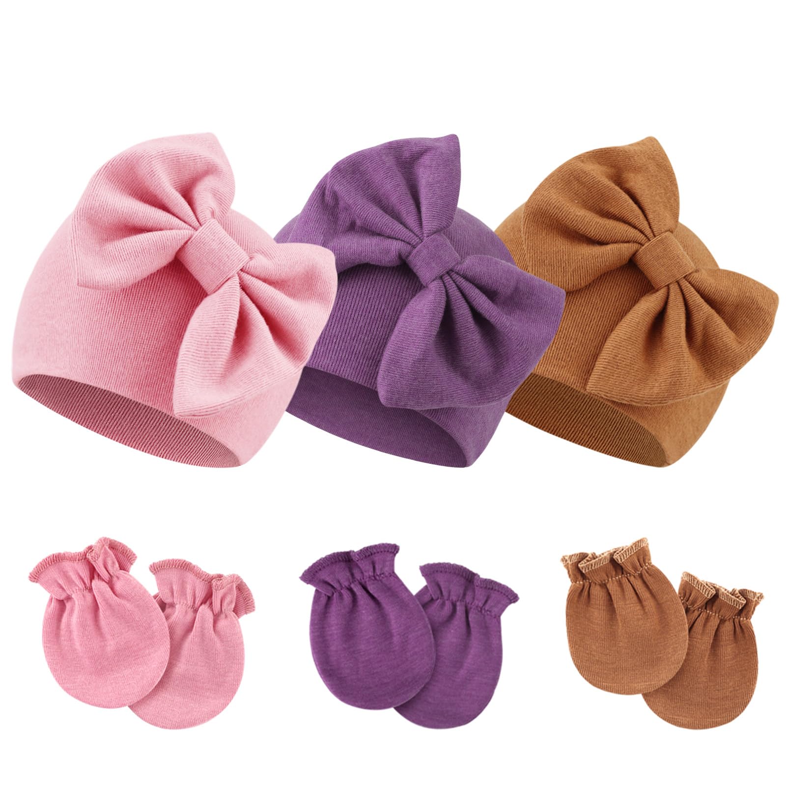 DRESHOW Newborn Baby Hats Mittens Set Hospital Hat Beanie Infant Bow Hats Baby Cotton Gloves No Scratch Mittens for 0-6 Months