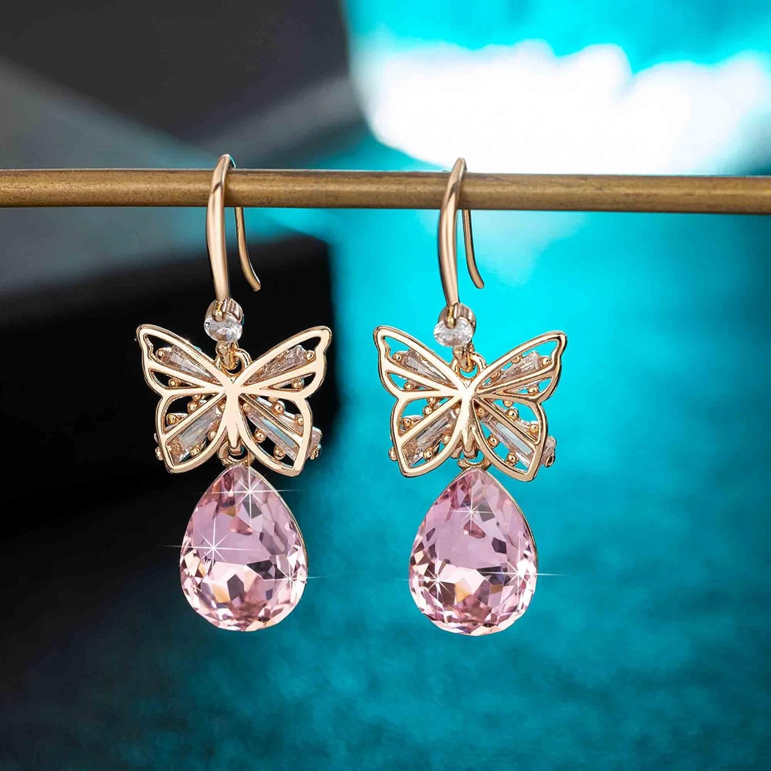 Austrian Crystal Teardrop Butterfly Drop Dangle Earrings for Women 14K Rose Gold Plated Hypoallergenic Jewelry - Image 3