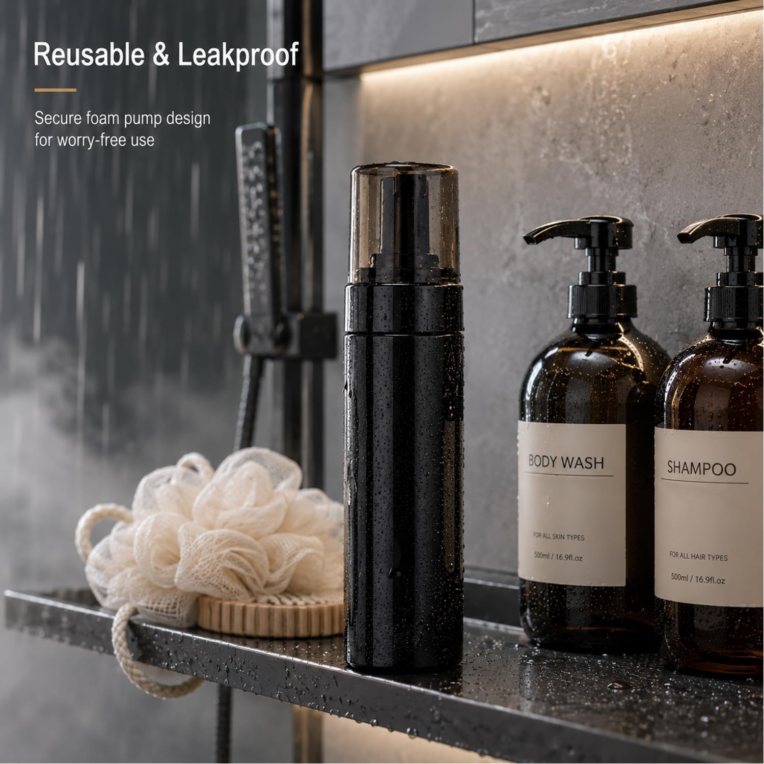4 Pack 150ml Black Foaming Pump Bottles Refillable Plastic Foam Dispenser Bottles with Pump Empty Mousse Bottle for Facial Cleanser, Hand Soap, Shampoo, Body Wash, Travel Toiletries