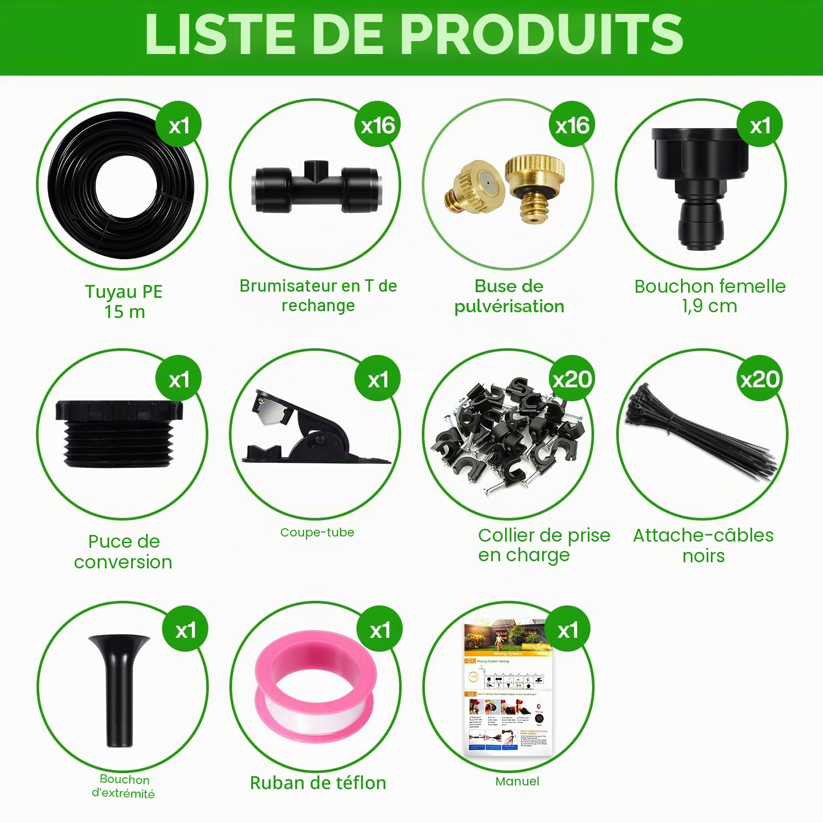 Purpledi 15M Système de Brumisation，75 Pcs Kits d'irrigation Système de Brumisation, Brumisateur Exterieur, Système de Brouillard Froid Extérieur, pour Les Jardins，Les Patios，Les Parasols，Les Toits