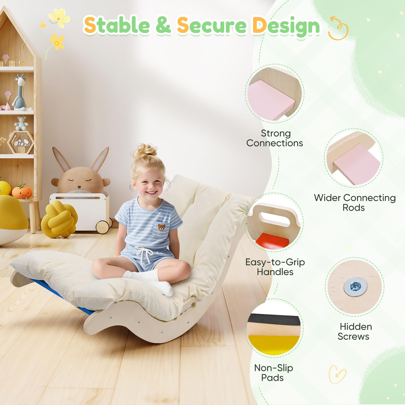 2 in 1 Arco da Arrampicata con braccioli, Arrampicata bambini in legno con cuscino, legno naturale, tappetino per i piedi antiscivolo, rinforzi delle staffe, Arco Montessori per bebè 1-6 anni