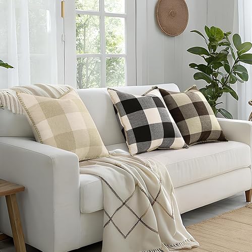 Miniatura 7 de Juego de 2 fundas de almohada de lana cuadriculada con borde recortado para decoración del hogar, cama, sofá, 18 x 18 pulgadas, blanco y negro.