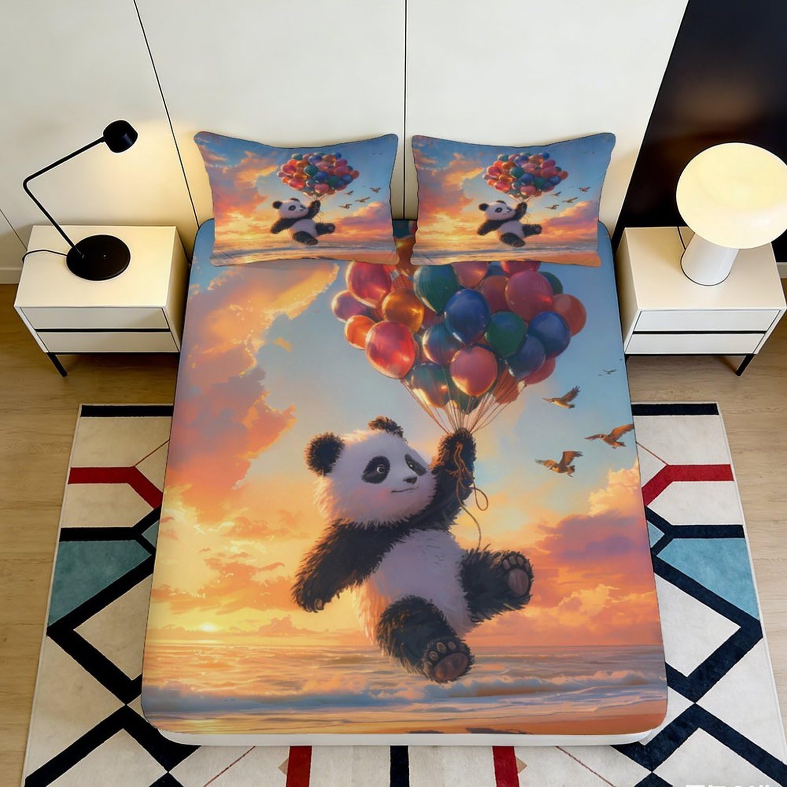 3D Printed Panda Balloon Fitted Sheet Microfiber Soft Breathable Sunset Sky Mattress Cover for Bedroom Dormitory Guest Room Mattress Protection Decor 120x200x25cm