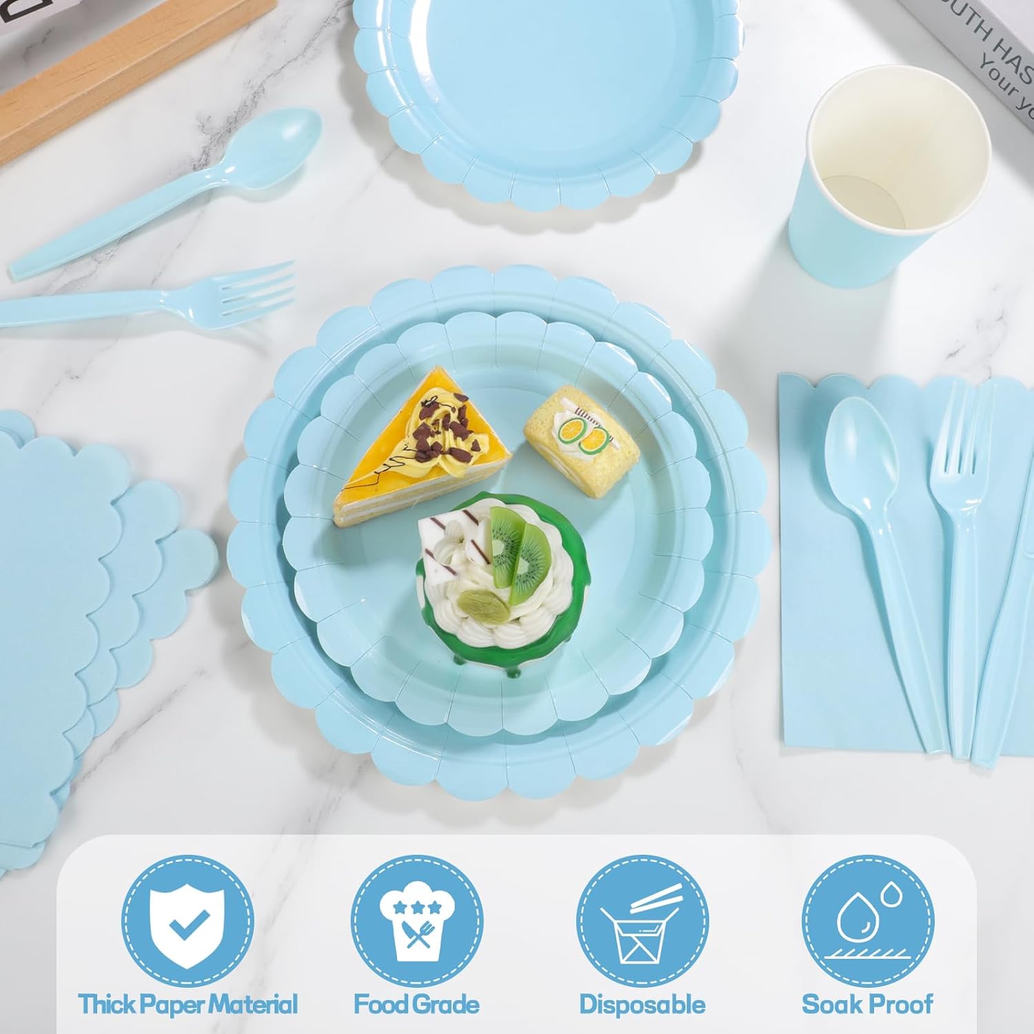 350 Pcs Light Blue Paper Plates and Napkins, Boy Baby Shower Decorations Include Baby Blue Scalloped Plates Napkins Cups Plastic Spoons Forks Knives for Bridal Shower,Wedding,Birthday - Image 3